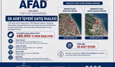 Yalova İl AFAD Müdürlüğü 58 Adet İşyerini İhale Usulüyle Satışa Çıkarıyor